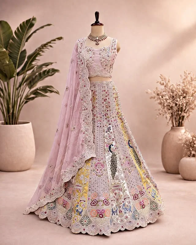 The Grand Peacock & Elephant Embellished Lavender Lehenga